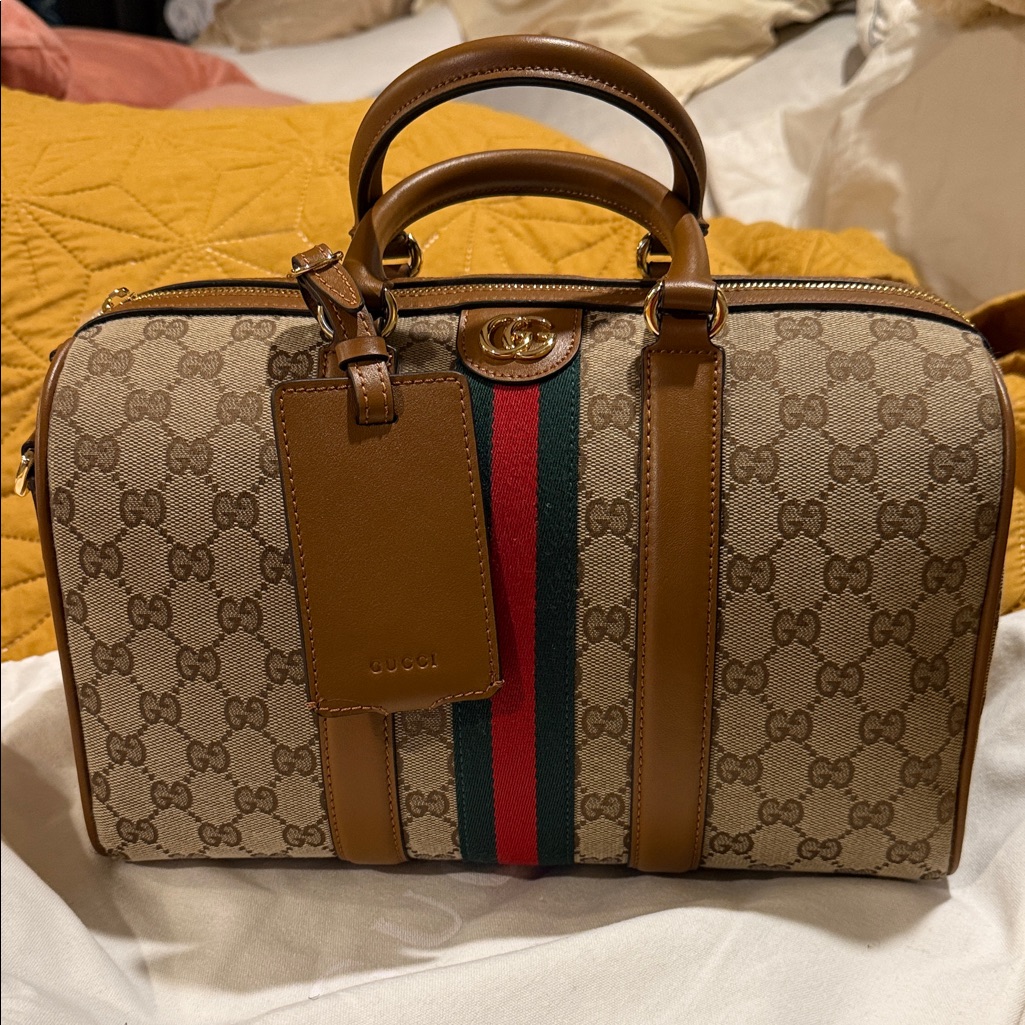 Gucci Beige Gg Supreme Canvas Duffel With Brown Leather And Green-Red Web Stripe